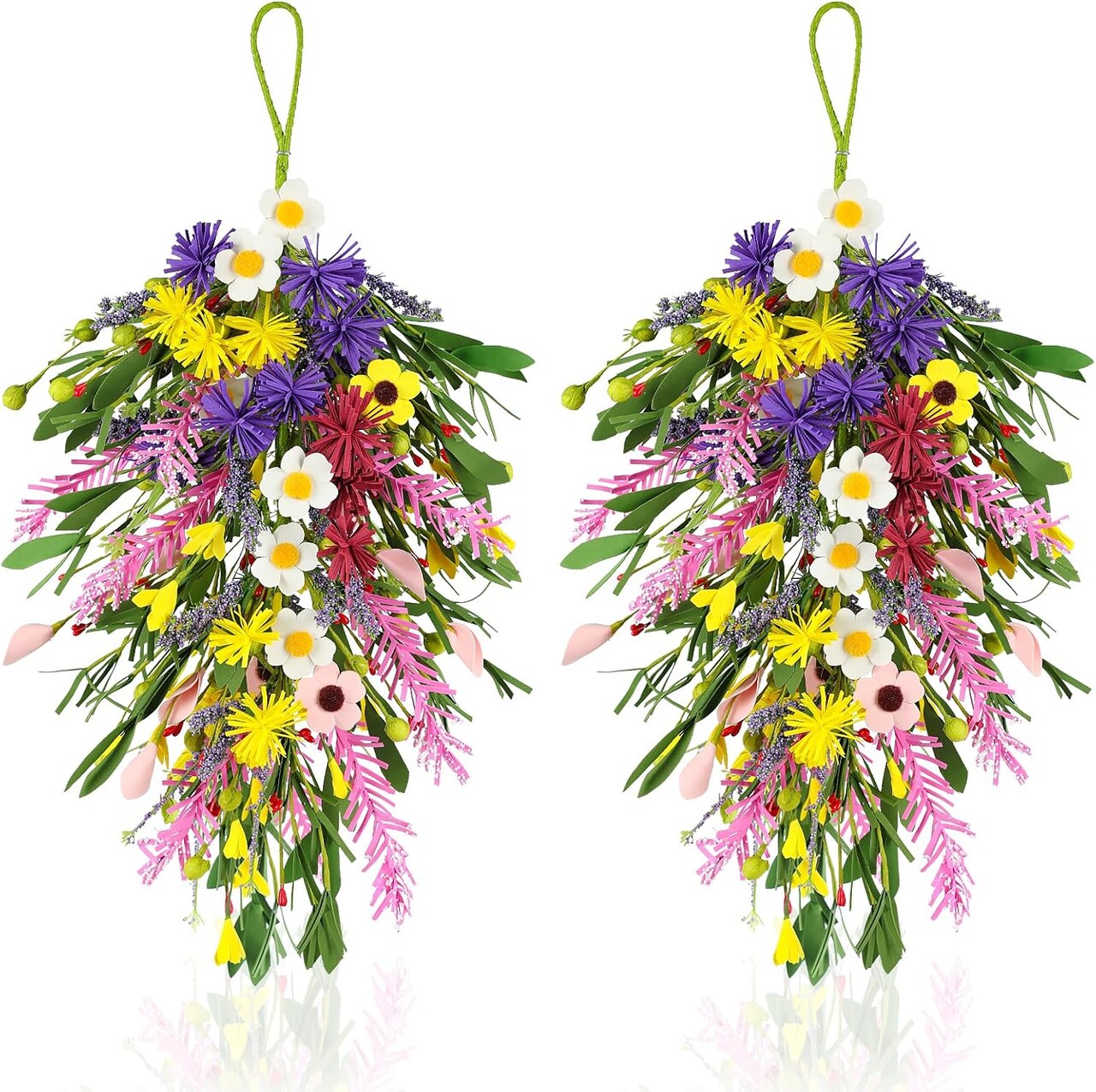 2Pcs Artificial Spring Swag Wreaths – 23.6" Teardrop Floral Swags with Daisies, Sunflowers & Lavender for Front Door, Porch, Wall & Window Decor
